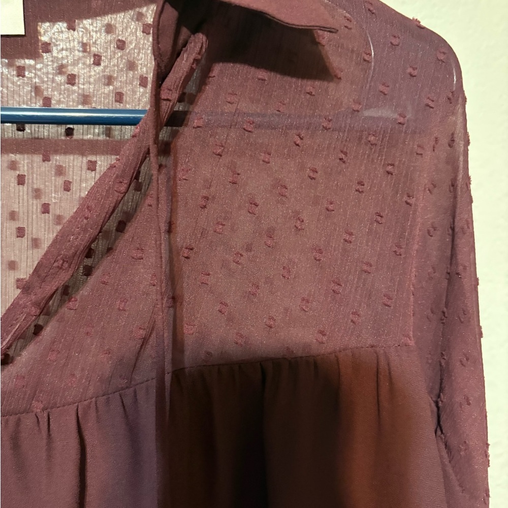 LOFT Burgundy Sheer Dotted-Yoke Long-Sleeve Peasant Top Size S - Picture 7 of 11
